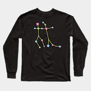 Gemini Zodiac Constellation in Rainbow Pastels - Black Long Sleeve T-Shirt